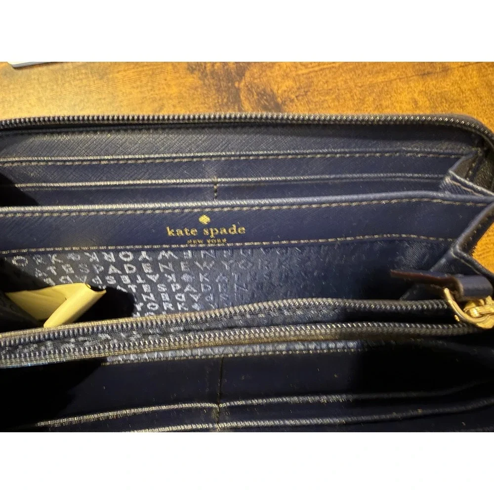 Kate Spade Navy Blue Saffiano Leather‎ Glitter Polka Dot Zip Around Wallet